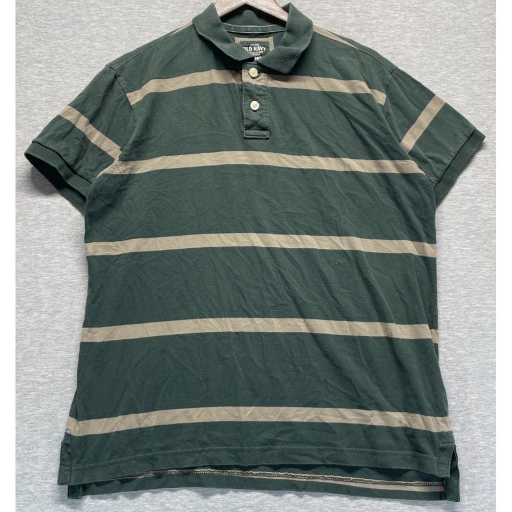 Old Navy Polo Shirt Mens Large Green Beige Striped 2 Button Placket Golf Tennis